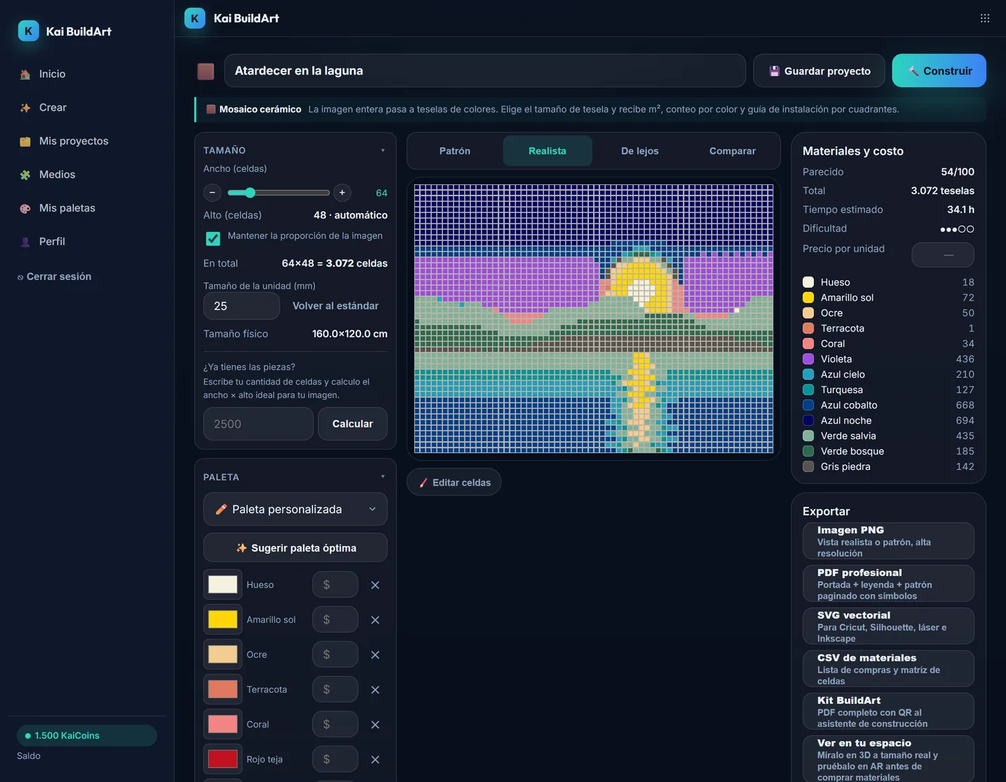 Editor de Kai BuildArt con un mosaico cerámico terminado al centro, los controles de tamaño y paleta a la izquierda y la lista de materiales con su costo a la derecha.
